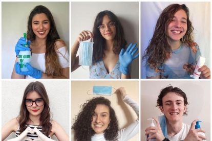 Algunos alumnos del Josep Lladonosa, con mascarillas y gel desinfectante en su foto de orla.  