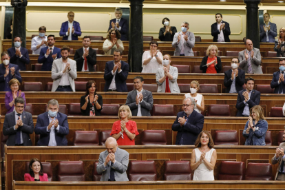 El grup socialista aplaudeix després d’una de les votacions.