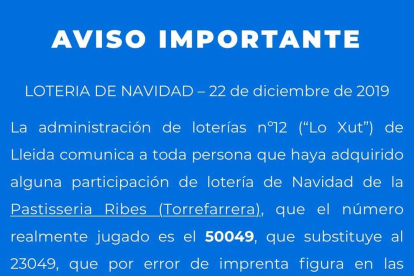 Alertan de un error tipográfico en las participaciones de la Pastisseria Ribes de Torrefarrera