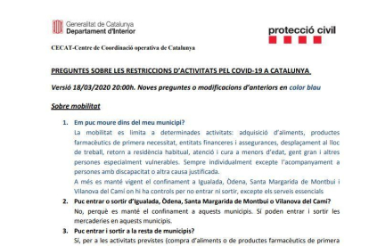 DOCUMENT | Ampliació del qüestionari de les restriccions d'activitats del Covid-19 a Catalunya