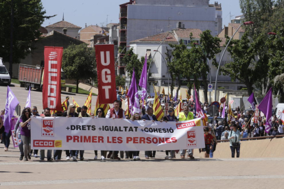 Manifestación del primero de mayo en Lleida, en la que los sindicatos exigieron mejoras laborales.