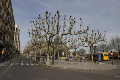 La rambla Ferran de Lleida, sense cotxes, sense vianants i amb els establiments tancats per l’alarma pel coronavirus.
