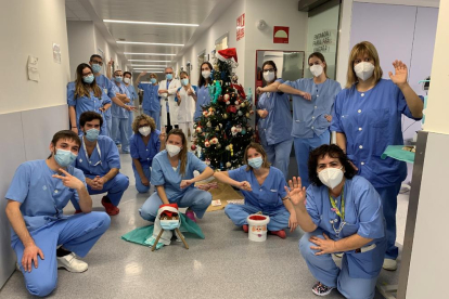 Foto de familia navideña del personal de la UCI del Arnau, que atiende a los enfermos graves de Covid.