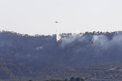 Un helicóptero intentando apagar el fuego en la zona de cultivos de Bovera el 28 de junio.