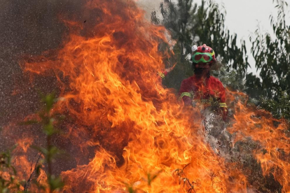 Un bomber intenta sufocar les flames a la localitat lusitana de Maçao.