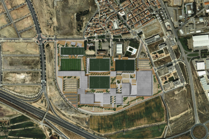 Imagen de cómo quedaría el terreno con los cuatro campos de fútbol y el resto de instalaciones.