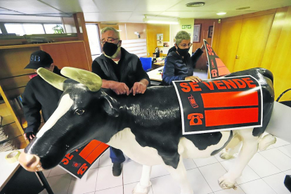 Escolà va portar ahir una gran figura d’una vaca a la delegació de la Generalitat.