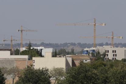 Vista de unas grúas para la construcción de promociones de viviendas en Lleida.