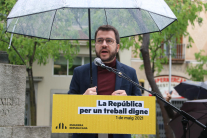 El candidat d’ERC a la presidència, Pere Aragonès, ahir durant una intervenció a Barcelona.