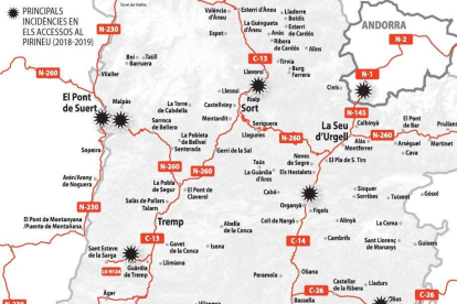 Els principals eixos de carreteres del Pirineu de Lleida, tallats per allaus en els últims dos anys