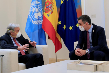 El secretario de la ONU, Antonio Guterres, y el presidente Pedro Sánchez durante su reunión de ayer.