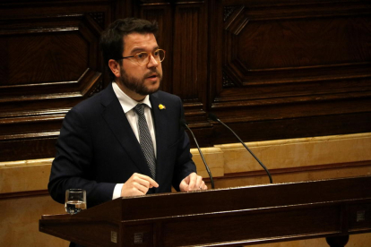 Imatge de Pere Aragonès, ahir al Parlament de Catalunya durant la compareixença.