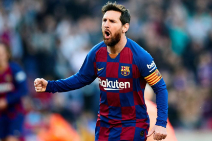 Messi celebra un gol durant un partit amb el FC Barcelona.