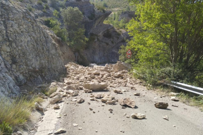 Vista del pendent amb les pedres a la carretera i al fons el riu Noguera Ribagorçana.