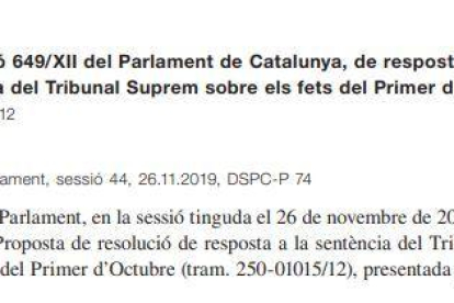 El BOPC publica la resposta del Parlament a la sentència del Suprem sobre el 'procés'