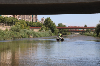 El vehicle amfibi retirant algues entre el pont dels Instituts i la passarel·la de Maristes, ahir.
