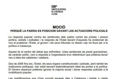 Moción del CDR de Lleida para que la Paeria se posicione ante las actuaciones policiales.