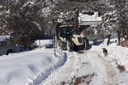 Una máquina retirando la nieve del camino que da acceso al pueblo de Mencui, en el Pallars Sobirà