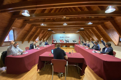 Los asistentes a la sesión plenaria del Conselh Generau d'Aran donde se ha aprobado una declaración en apoyo a la candidatura de Juegos de Invierno Pirineos-Barcelona 2030.