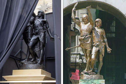A l'esquerra, l'estàtua restaurada. A la dreta, l'estatua amb el color de bronze