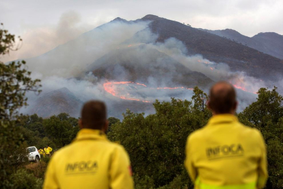 Dos miembros del Infoca observan las llamas del incendio que ha arrasado casi 10.000 hectáreas.