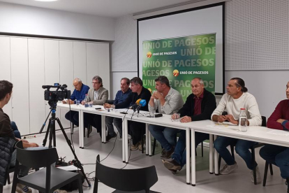 Responsables d'Unió de Pagesos i d'entitats apícoles catalanes, durant la roda de premsa a la seu d'Unió de Pagesos a Lleida.