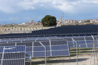 Paneles solares instalados hace más de una década en Les Garrigues, con Les Borges Blanques al fondo.