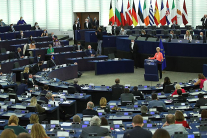 Ursula Von der Leyen durante su discurso en el debate del Estado de la Unión en el Europarlamento.