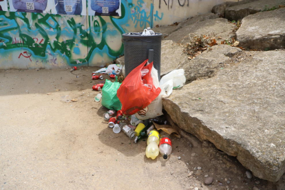 Diverses botelles d’alcohol buides i bosses de plàstic escampades ahir al migdia a la canalització.