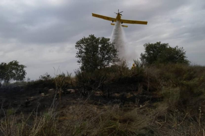 Un dels mitjans aeris que es van activar ahir per a l’incendi a Vilanova de l’Aguda.