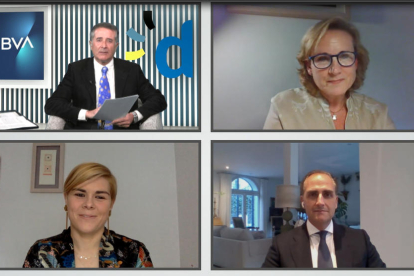 Josep Maria Sanuy, Mercedes Ayuso, Mar Olmedo y Luis Vadillo durante el Webinar de SEGRE y BBVA.