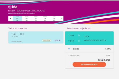 Els trajectes, com aquest de Lleida a Madrid, costen 5 euros.