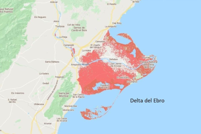 En rojo, la zona afectada por la subida del nivel del mar.