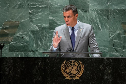 Sánchez durant la seua intervenció a l’Assemblea de l’ONU.