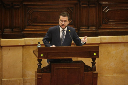 El vicepresidente del Govern en funciones, Pere Aragonès, ayer durante su comparecencia.
