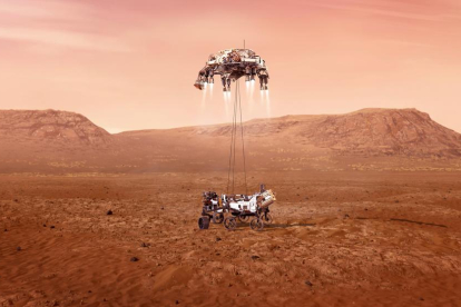 l’arribada. Fotografia de la NASA que mostra una il·lustració del Perseverance mentre aterra a la superfície de Mart.