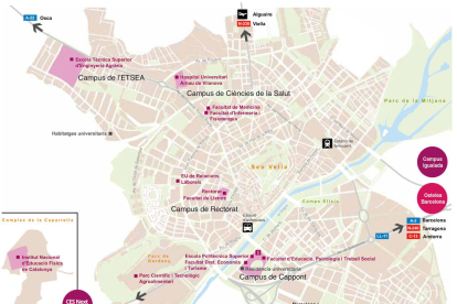 Mapa de los campus UdL en la capital del Segrià
