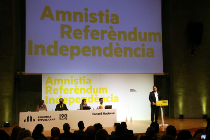 El president d’ERC, Oriol Junqueras, ahir durant la seua intervenció al consell nacional del partit.