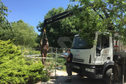 Tècnics instal·len de nou l'estàtua de Manolo Calpe als Camps Elisis