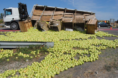El camión iba cargado de fruta, que quedó esparcida por la calzada y el arcén.