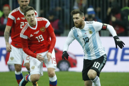 Messi ayer durante el amistoso que jugó Argentina ante Rusia.
