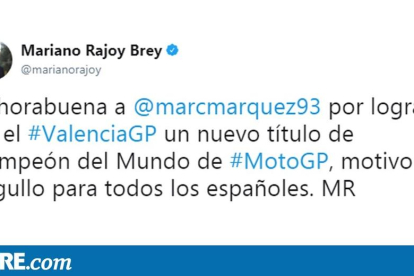 Rajoy, Reñé i Ros feliciten Màrquez
