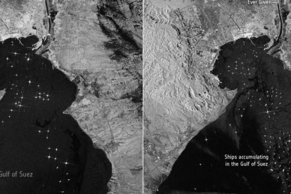 El atasco en el Canal de Suez es visible des del espacio