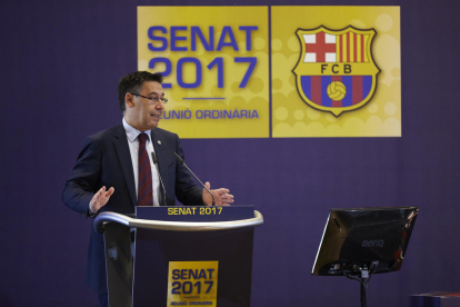 El presidente azulgrana Josep Maria Bartomeu, ayer durante su intervención ante el Senado del club.