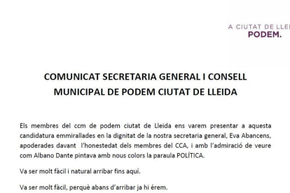 El miembros del consejo ciudadano de Podem Lleida presentan su dimisión en bloque