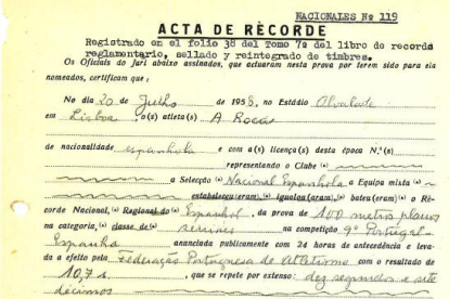 Acta d'homologació del rècord d'Espanya que Armando va batre el 1958.