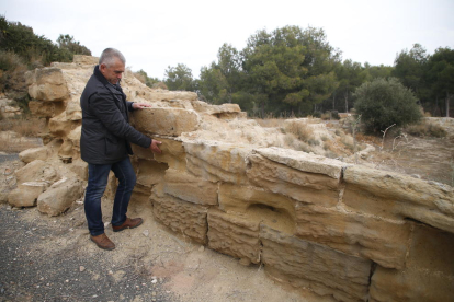 L’alcalde de Sucs, Guillem Boneu, mostrant les ruïnes del complex.