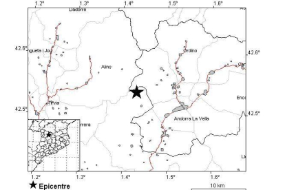 L'epicentre del terratrèmol de 3,8 graus a l'Alt Urgell l'1 de febrer.