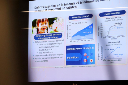 Una pantalla muestra una explicación sobre el déficit cognitivo de las personas con síndrome de Down