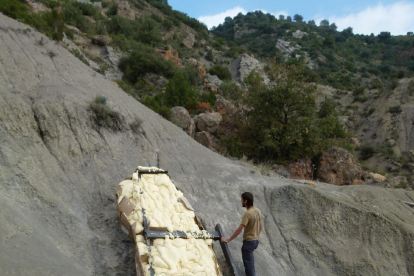 La mòmia del coll. El bloc d'escuma de poliuretà amb què es va protegir el 2014 el fòssil del coll per a la seua extracció del jaciment.